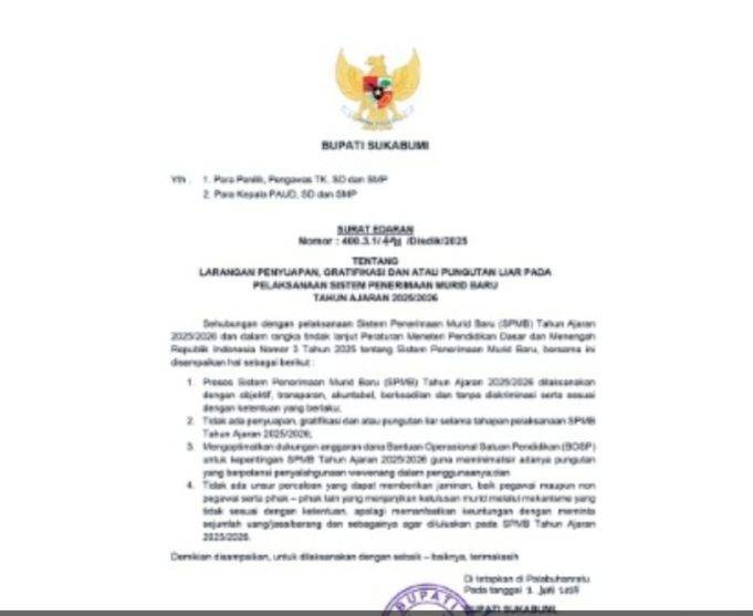 Bupati Sukabumi Asep Japar Tegaskan Larang Gratifikasi dan Pungli dalam SPMB Tahun Ajaran 2025-2026